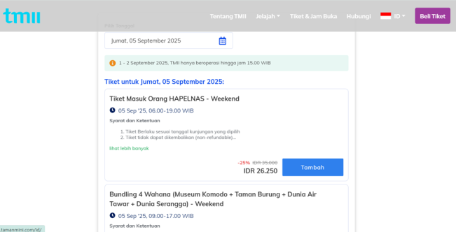 Tiket masuk TMII 5 September.